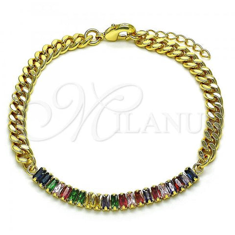 Oro Laminado Fancy Bracelet, Gold Filled Style Miami Cuban Design, with Multicolor Cubic Zirconia, Polished, Golden Finish, 03.130.0010.1.08