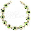 Oro Laminado Fancy Bracelet, Gold Filled Style Evil Eye Design, with White Cubic Zirconia, Green Resin Finish, Golden Finish, 03.151.0001