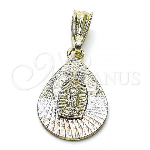 Oro Laminado Religious Pendant, Gold Filled Style Guadalupe and Teardrop Design, Diamond Cutting Finish, Tricolor, 05.351.0219
