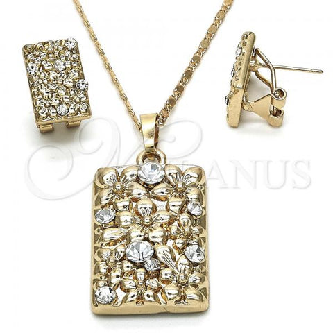 Oro Laminado Earring and Pendant Adult Set, Gold Filled Style Flower Design, with White Crystal, Polished, Golden Finish, 10.306.0003