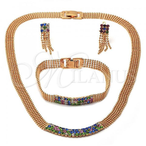 Oro Laminado Necklace, Bracelet and Earring, Gold Filled Style with Multicolor Cubic Zirconia, Polished, Golden Finish, 5.014.002