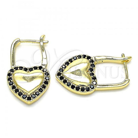 Oro Laminado Huggie Hoop, Gold Filled Style Lock and Heart Design, with Black Micro Pave, Polished, Golden Finish, 02.210.0624.1.12