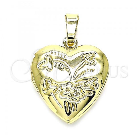 Oro Laminado Locket Pendant, Gold Filled Style Heart and Flower Design, Polished, Golden Finish, 05.117.0027