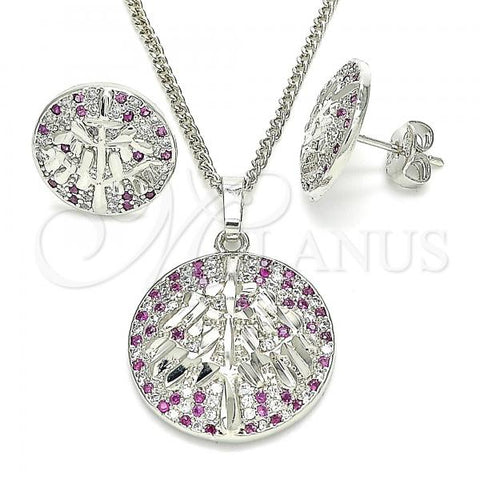 Oro Laminado Earring and Pendant Adult Set, Gold Filled Style Tree Design, with Ruby and White Cubic Zirconia, Polished, Rhodium Finish, 10.233.0035.5
