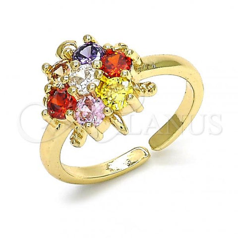 Oro Laminado Multi Stone Ring, Gold Filled Style Flower and Turtle Design, with Multicolor Cubic Zirconia, Polished, Golden Finish, 01.210.0087.1 (One size fits all)