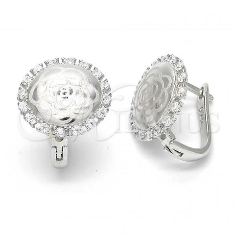 Sterling Silver Huggie Hoop, Flower Design, with White Cubic Zirconia, Polished, Rhodium Finish, 02.186.0067.12