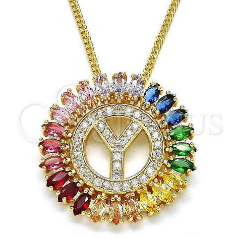 Oro Laminado Pendant Necklace, Gold Filled Style Initials Design, with Multicolor Cubic Zirconia, Polished, Golden Finish, 04.210.0024.1.20