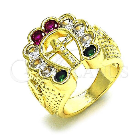 Oro Laminado Mens Ring, Gold Filled Style Crucifix Design, with Multicolor Cubic Zirconia, Polished, Golden Finish, 01.210.0156.10