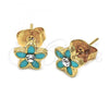 Oro Laminado Stud Earring, Gold Filled Style Flower Design, with White Crystal, Turquoise Enamel Finish, Golden Finish, 02.64.0317 *PROMO*