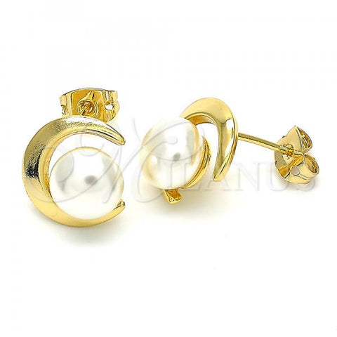 Oro Laminado Stud Earring, Gold Filled Style Moon and Ball Design, with Ivory Pearl, Polished, Golden Finish, 02.342.0054