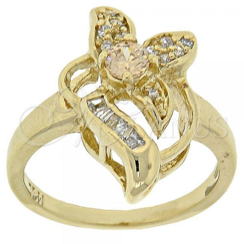 Oro Laminado Multi Stone Ring, Gold Filled Style Flower and Baguette Design, with Dark Champagne and White Cubic Zirconia, Golden Finish, 5.172.025.08 (Size 8)