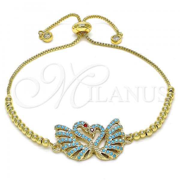 Oro Laminado Adjustable Bolo Bracelet, Gold Filled Style Swan Design, with Turquoise Micro Pave and Garnet Cubic Zirconia, Polished, Golden Finish, 03.316.0049.10