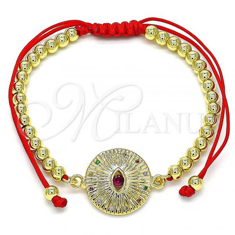 Oro Laminado Adjustable Bolo Bracelet, Gold Filled Style Ball and Evil Eye Design, with Multicolor Micro Pave and Ruby Cubic Zirconia, Polished, Golden Finish, 03.341.0102.11