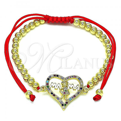 Oro Laminado Adjustable Bolo Bracelet, Gold Filled Style Mom and Little Girl Design, with Multicolor Micro Pave, Polished, Golden Finish, 03.381.0037.1.11