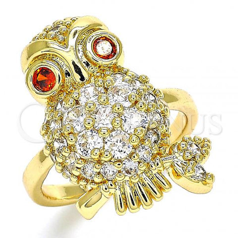 Oro Laminado Multi Stone Ring, Gold Filled Style Owl Design, with White and Garnet Cubic Zirconia, Polished, Golden Finish, 01.210.0091.2.07 (Size 7)