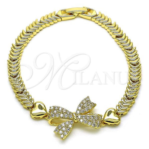 Oro Laminado Fancy Bracelet, Gold Filled Style Bow and Heart Design, with White Micro Pave, Polished, Golden Finish, 03.283.0381.07