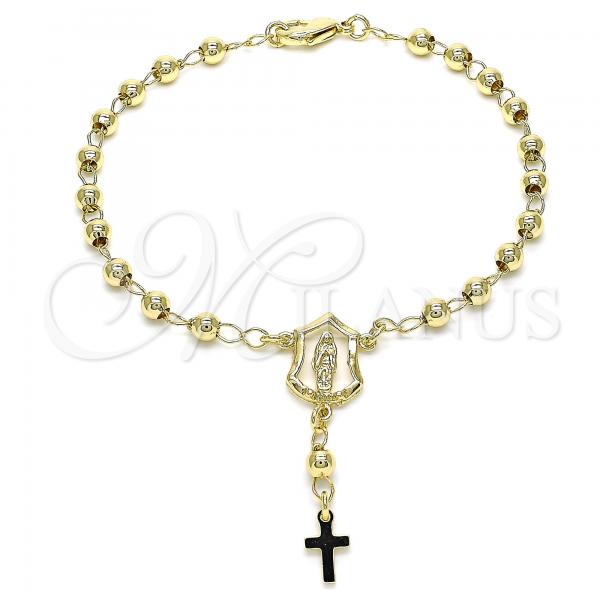 Oro Laminado Bracelet Rosary, Gold Filled Style Guadalupe and Cross Design, Polished, Golden Finish, 09.213.0029.08