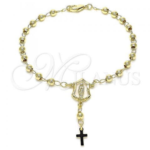 Oro Laminado Bracelet Rosary, Gold Filled Style Guadalupe and Cross Design, Polished, Golden Finish, 09.213.0029.08