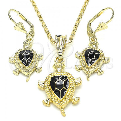 Oro Laminado Earring and Pendant Adult Set, Gold Filled Style Turtle Design, Black Enamel Finish, Golden Finish, 10.351.0005.3