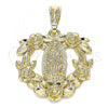 Oro Laminado Fancy Pendant, Gold Filled Style Heart and Guadalupe Design, Polished, Golden Finish, 05.351.0108