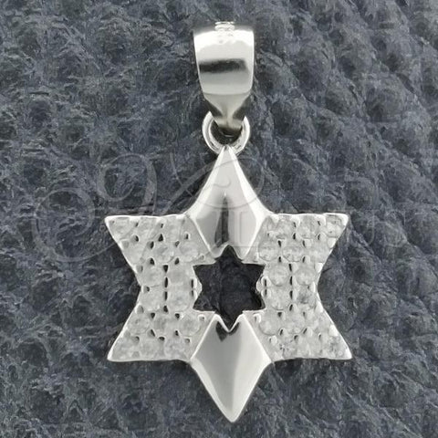 Sterling Silver Religious Pendant, Star of David Design, with White Cubic Zirconia, Polished, Rhodium Finish, 05.398.0002