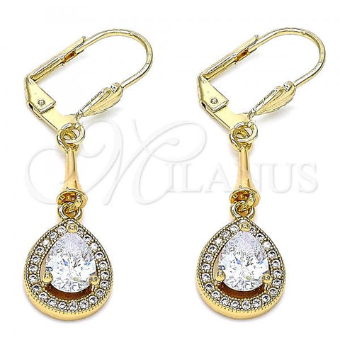 Oro Laminado Long Earring, Gold Filled Style Teardrop Design, with White Cubic Zirconia, Polished, Golden Finish, 02.387.0044.2