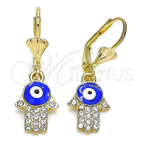 Oro Laminado Dangle Earring, Gold Filled Style Hand of God Design, with White Crystal, Blue Enamel Finish, Golden Finish, 02.380.0084