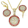 Oro Laminado Earring and Pendant Adult Set, Gold Filled Style San Benito Design, with Garnet Crystal, Polished, Golden Finish, 10.351.0002.2
