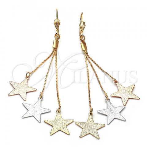 Oro Laminado Long Earring, Gold Filled Style Star Design, Matte Finish, Tricolor, 5.106.001