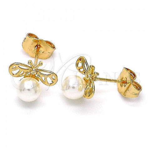Oro Laminado Stud Earring, Gold Filled Style Bee Design, with Ivory Pearl, Polished, Golden Finish, 02.310.0087
