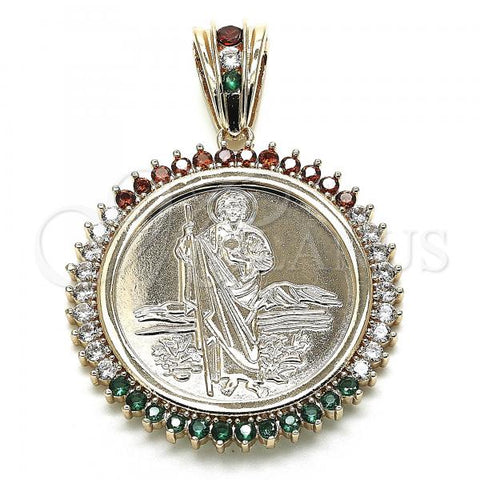 Oro Laminado Religious Pendant, Gold Filled Style San Judas and Centenario Coin Design, with Multicolor Cubic Zirconia, Polished, Golden Finish, 05.63.1160.1