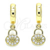 Oro Laminado Huggie Hoop, Gold Filled Style Lock and Heart Design, with White Micro Pave, Polished, Golden Finish, 02.210.0532.15