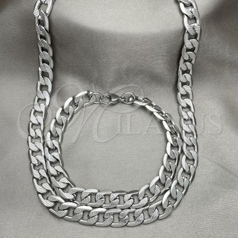 Stainless Steel Necklace and Bracelet, Pave Cuban Design, Diamond Cutting Finish,, 06.278.0005