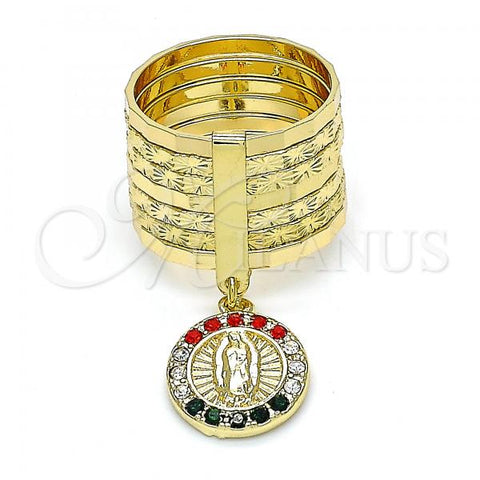 Oro Laminado Multi Stone Ring, Gold Filled Style Semanario and Guadalupe Design, with Multicolor Crystal, Polished, Golden Finish, 01.253.0039.1.09 (Size 9)