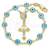 Oro Laminado Bracelet Rosary, Gold Filled Style Guadalupe and Evil Eye Design, Light Blue Resin Finish, Golden Finish, 09.63.0107.4.08