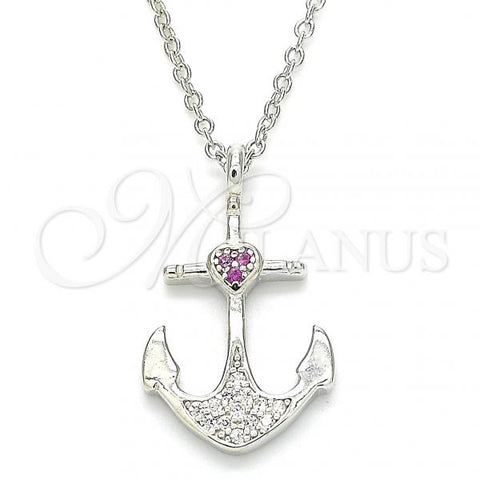 Sterling Silver Pendant Necklace, Anchor and Heart Design, with Ruby and White Micro Pave, Polished, Rhodium Finish, 04.336.0187.16