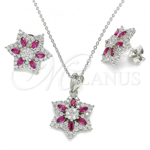 Sterling Silver Earring and Pendant Adult Set, Flower Design, with Ruby and White Cubic Zirconia, Polished, Rhodium Finish, 10.286.0033.1