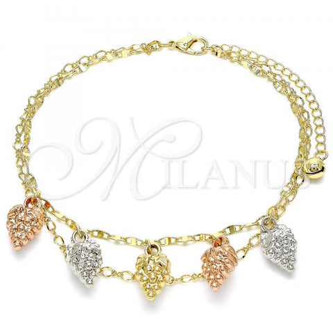 Oro Laminado Charm Anklet , Gold Filled Style Strawberry Design, Polished, Tricolor, 03.331.0053.10