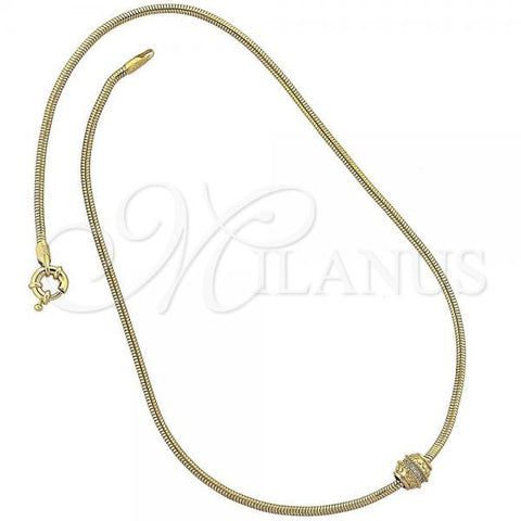 Oro Laminado Pendant Necklace, Gold Filled Style Rat Tail Design, with White Micro Pave, Polished, Golden Finish, 04.63.0002