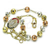 Oro Laminado Charm Bracelet, Gold Filled Style Guadalupe and Crucifix Design, with Multicolor Crystal, Diamond Cutting Finish, Tricolor, 03.351.0152.08