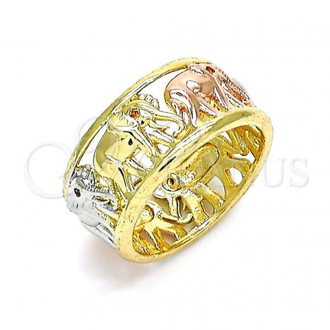 Oro Laminado Multi Stone Ring, Gold Filled Style Elephant Design, with White Micro Pave, Polished, Tricolor, 01.380.0013.09