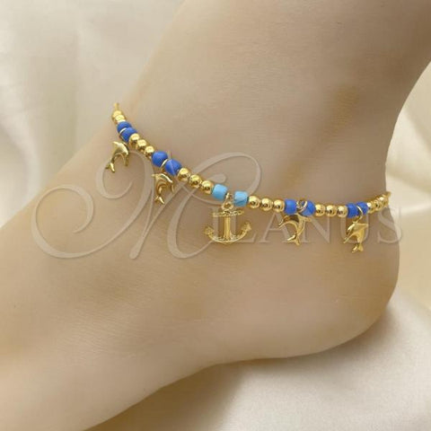 Oro Laminado Charm Anklet , Gold Filled Style Dolphin and Anchor Design, with Turquoise Crystal, Polished, Golden Finish, 03.32.0595.10