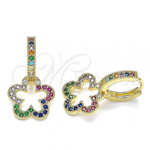 Oro Laminado Huggie Hoop, Gold Filled Style Flower Design, with Multicolor Micro Pave, Polished, Golden Finish, 02.210.0447.2.15