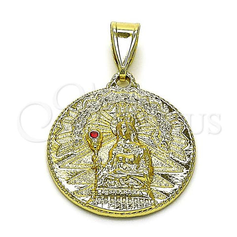 Oro Laminado Religious Pendant, Gold Filled Style Jesus Design, with Garnet Crystal, Diamond Cutting Finish, Golden Finish, 05.213.0147