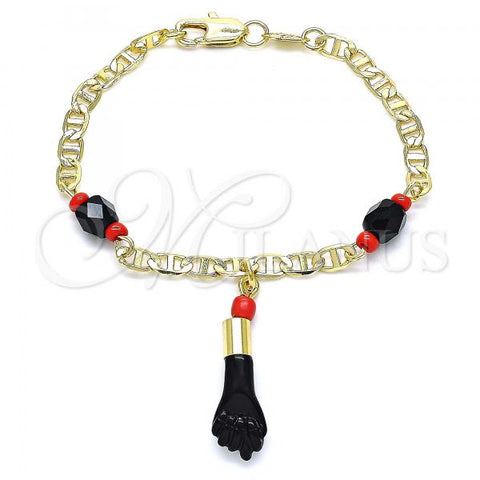Oro Laminado Charm Bracelet, Gold Filled Style Hand Design, with Black and Orange Red Azavache, Polished, Golden Finish, 03.63.1812.06