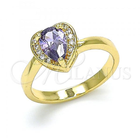 Oro Laminado Multi Stone Ring, Gold Filled Style Heart and Teardrop Design, with Amethyst and White Cubic Zirconia, Polished, Golden Finish, 01.210.0130.08