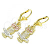 Oro Laminado Dangle Earring, Gold Filled Style Owl Design, Polished, Tricolor, 02.351.0003