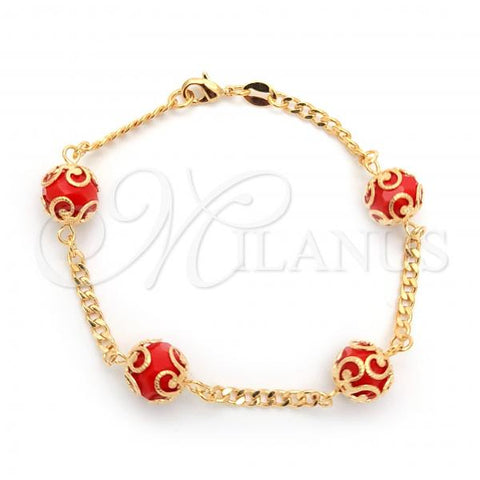 Oro Laminado Fancy Bracelet, Gold Filled Style Ball and Miami Cuban Design, with Garnet Crystal, Polished, Golden Finish, 03.32.0157.2