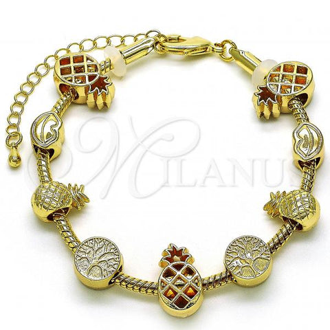 Oro Laminado Fancy Bracelet, Gold Filled Style Pineapple and Tree Design, Polished, Golden Finish, 03.63.2267.07