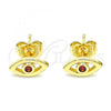 Oro Laminado Stud Earring, Gold Filled Style Evil Eye Design, with Garnet Cubic Zirconia, Polished, Golden Finish, 02.156.0605.1